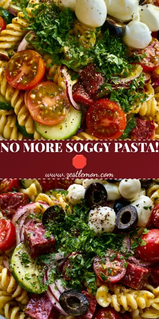Pasta Salad Recipes: The Ultimate Zesty Italian Rotini Bowl 3 A close-up vertical shot of vibrant Italian pasta salad featuring rotini, salami, and mozzarella pearls, perfect for pasta salad recipes.