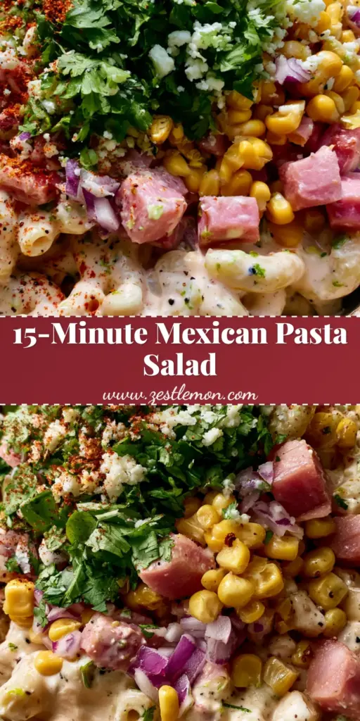 Mexican Ham Pasta Salad: The Creamiest Ensalada de Coditos Recipe 3 A top-down view of a rustic bowl containing Mexican Ham Pasta Salad with creamy dressing, ham cubes, corn, and cilantro garnish.