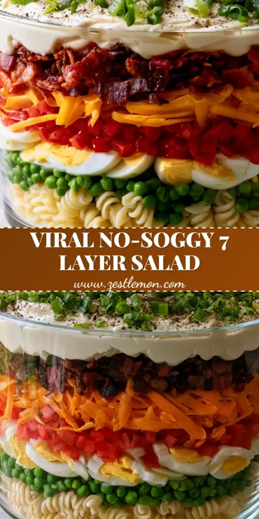 Layered Pasta Salad: The Ultimate 7-Layer Trifle Bowl Showstopper 3 A side-view cross-section of a 7-layer pasta salad in a glass bowl with rotini, peas, peppers, eggs, cheese, bacon, and creamy dressing.