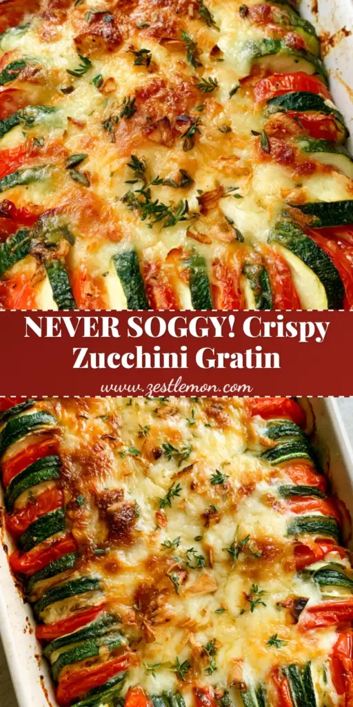 A rustic white ceramic dish filled with upright rows of roasted zucchini and tomato gratin, topped with a bubbling golden-brown Gruyere crust and fresh thyme.