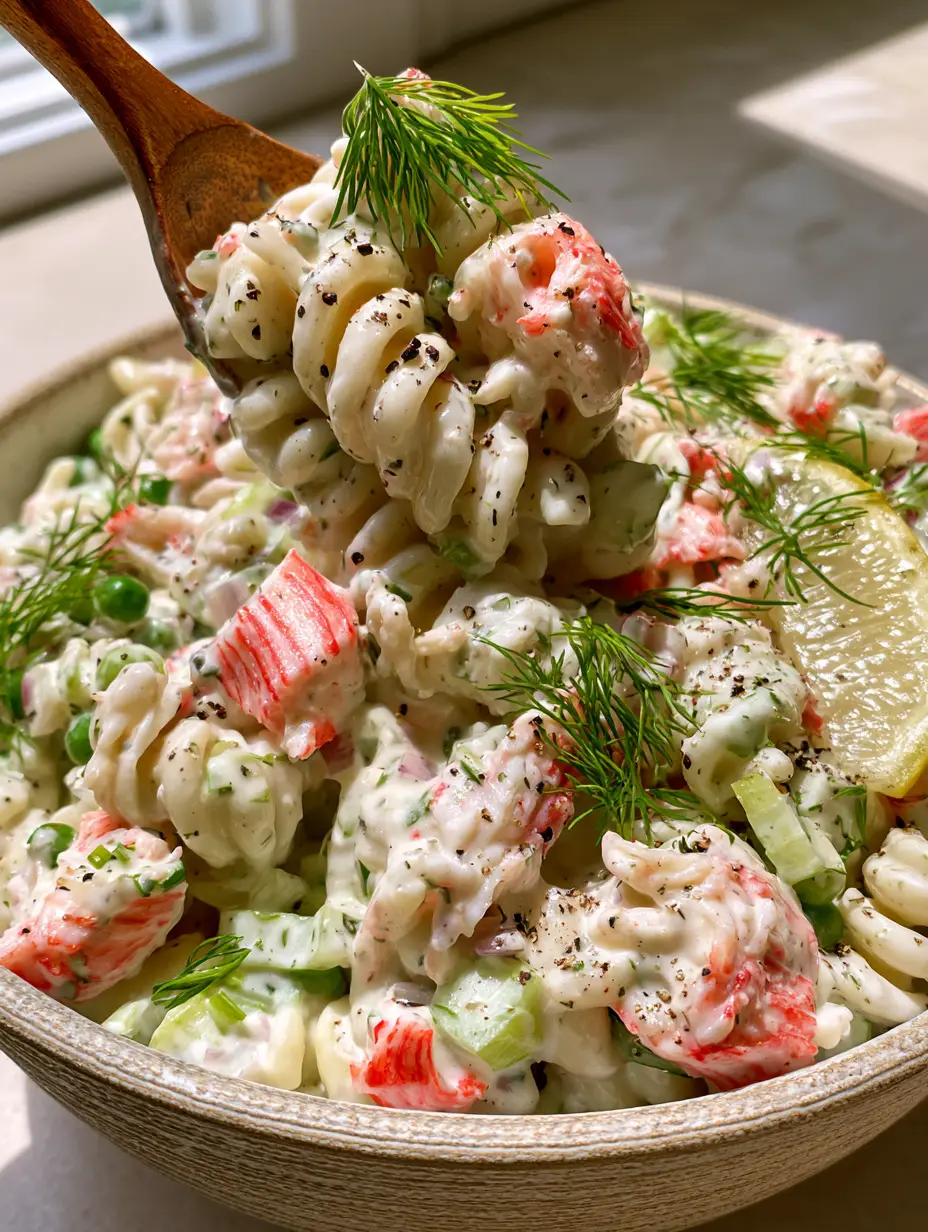 Surimi Pasta Salad with Creamy Herb Dressing and Fresh Dill 3 A wooden spoon lifting a portion of surimi pasta salad from a ceramic bowl, showing the velvety herb dressing and bright green peas. (surimi pasta salad)