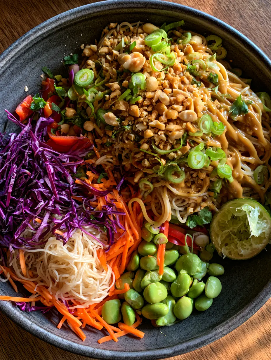 Peanut Pasta Salad with Velvety Ginger Dressing 4 Overhead view of a Peanut Pasta Salad bowl split between raw ingredients like edamame and cabbage, and fully tossed noodles in sauce.