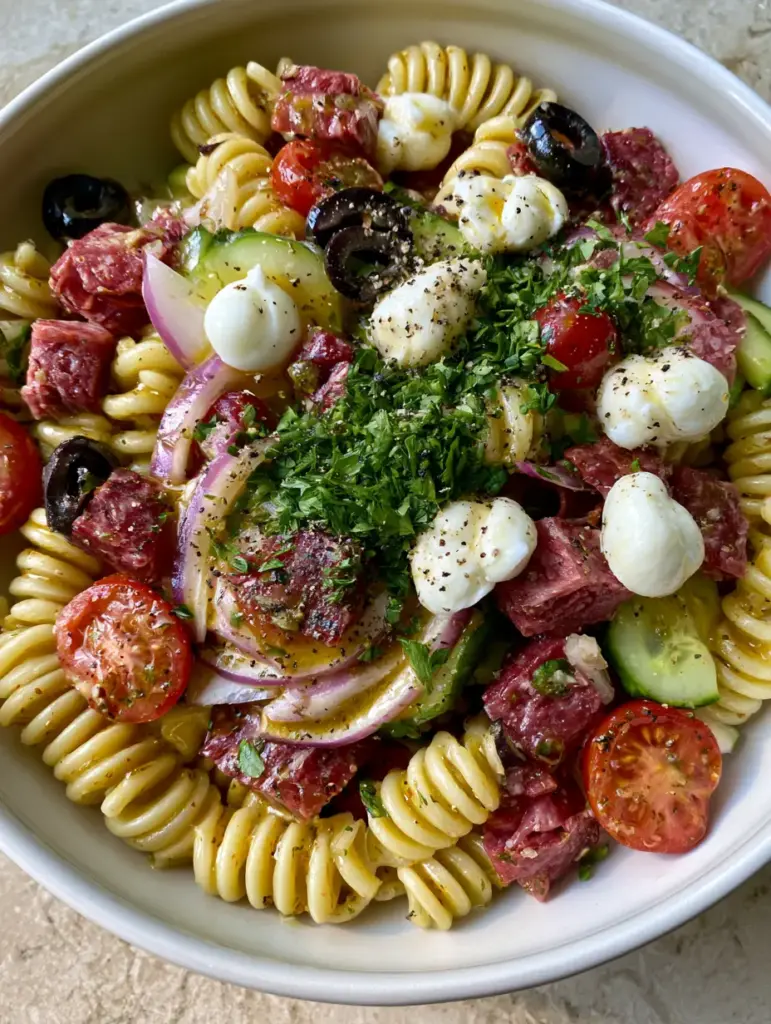 Top-down view of a white ceramic bowl filled with glossy rotini pasta salad, tomatoes, and cucumber. (pasta salad recipes)