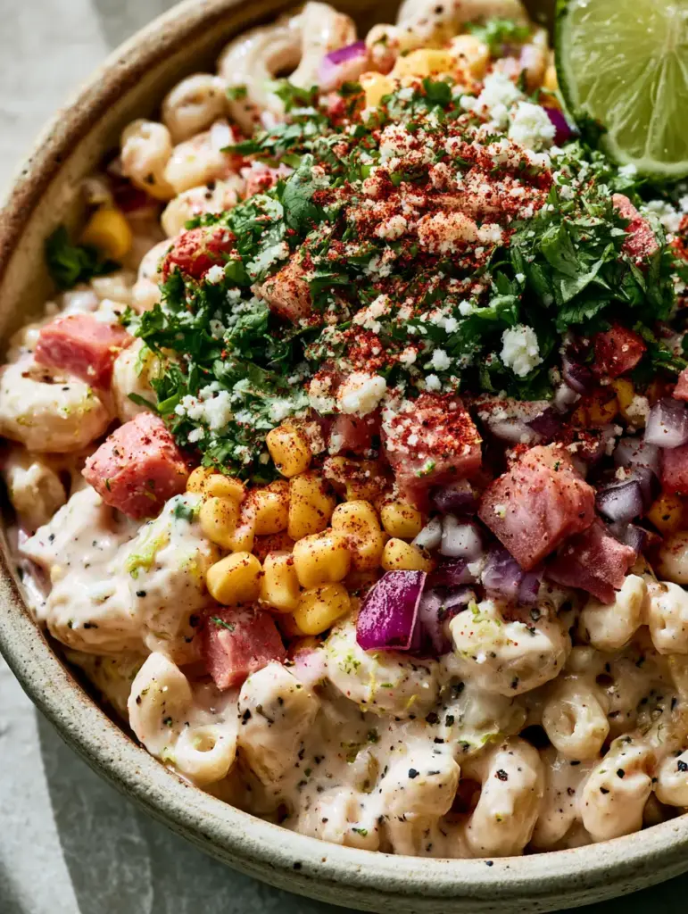 Mexican Ham Pasta Salad: The Creamiest Ensalada de Coditos Recipe 2 Extreme close-up of Ensalada de Coditos showing macaroni coated in creamy sauce with lime zest and ham cubes. (Mexican Ham Pasta Salad)