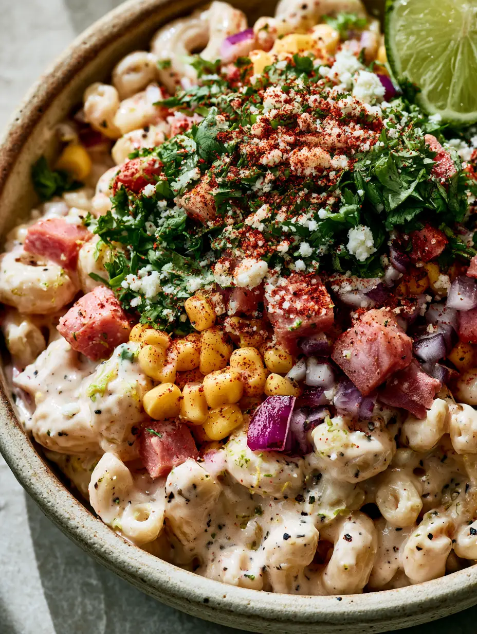 Mexican Ham Pasta Salad: The Creamiest Ensalada de Coditos Recipe 4 Extreme close-up of Ensalada de Coditos showing macaroni coated in creamy sauce with lime zest and ham cubes. (Mexican Ham Pasta Salad)