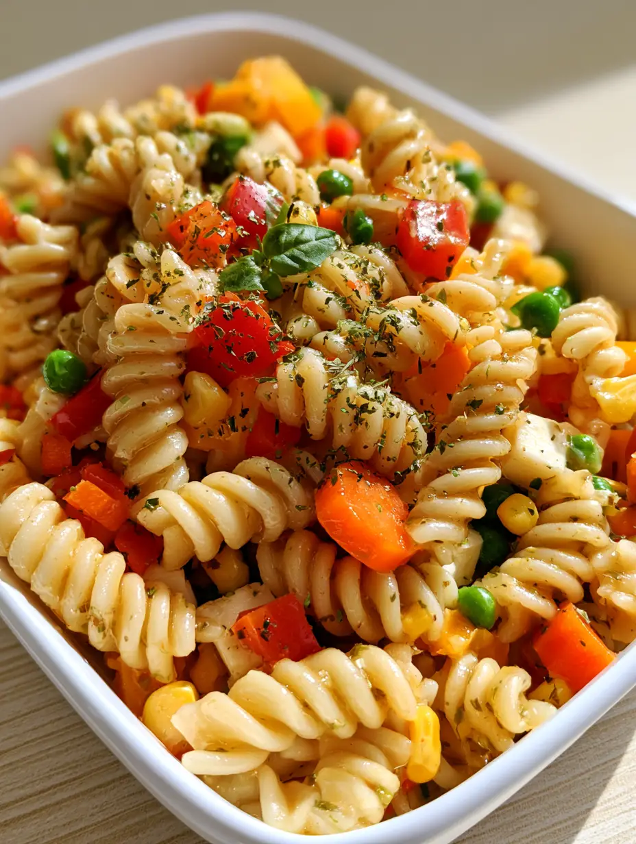 Close-up of bouncy fusilli pasta spirals coated in translucent golden herb vinaigrette with corn and peas. (kids pasta salad)