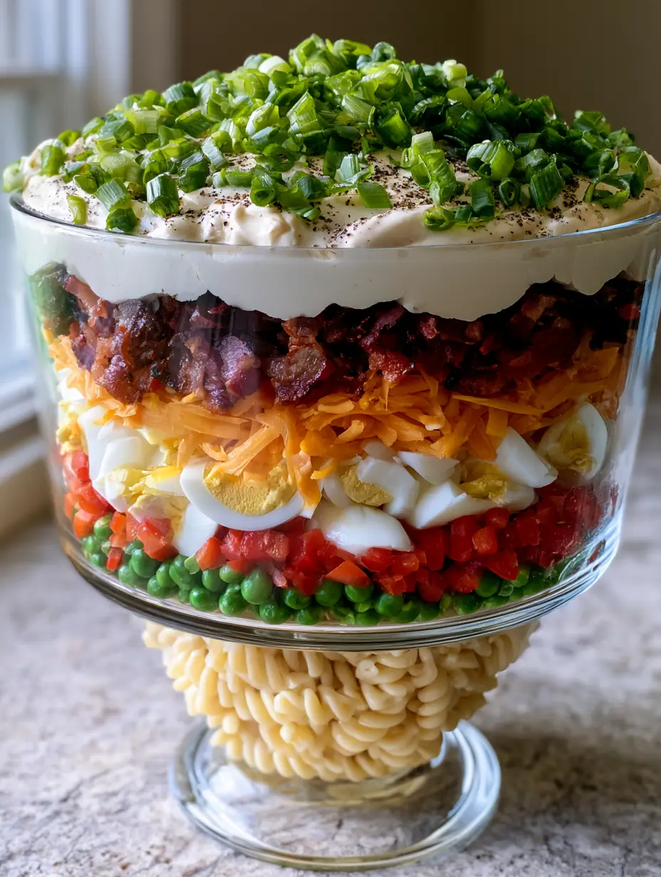 Layered Pasta Salad: The Ultimate 7-Layer Trifle Bowl Showstopper 4 Close up of the middle layers of a layered pasta salad highlighting sliced eggs with bright yellow centers and crunchy red bell peppers.