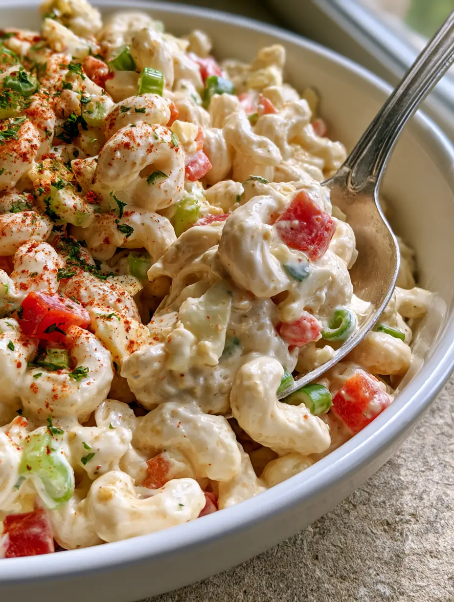 Macaroni Pasta Salad: The Ultimate Ultra-Creamy Classic Recipe 3 Macro handheld photo of a scoop of macaroni pasta salad with thick dressing and red bell peppers. (macaroni pasta salad)