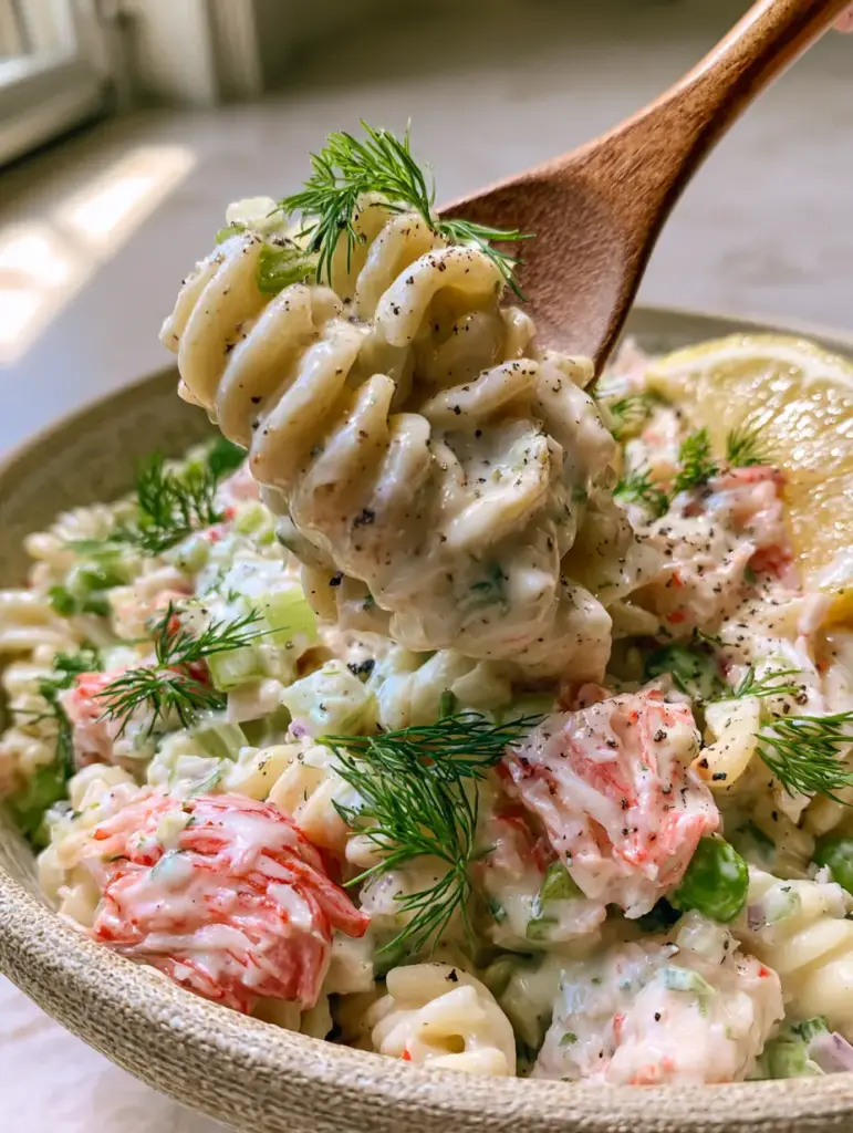 Surimi Pasta Salad with Creamy Herb Dressing and Fresh Dill 1 Close up of shredded imitation crab with red edges mixed with rotini pasta and fresh dill. (surimi pasta salad)