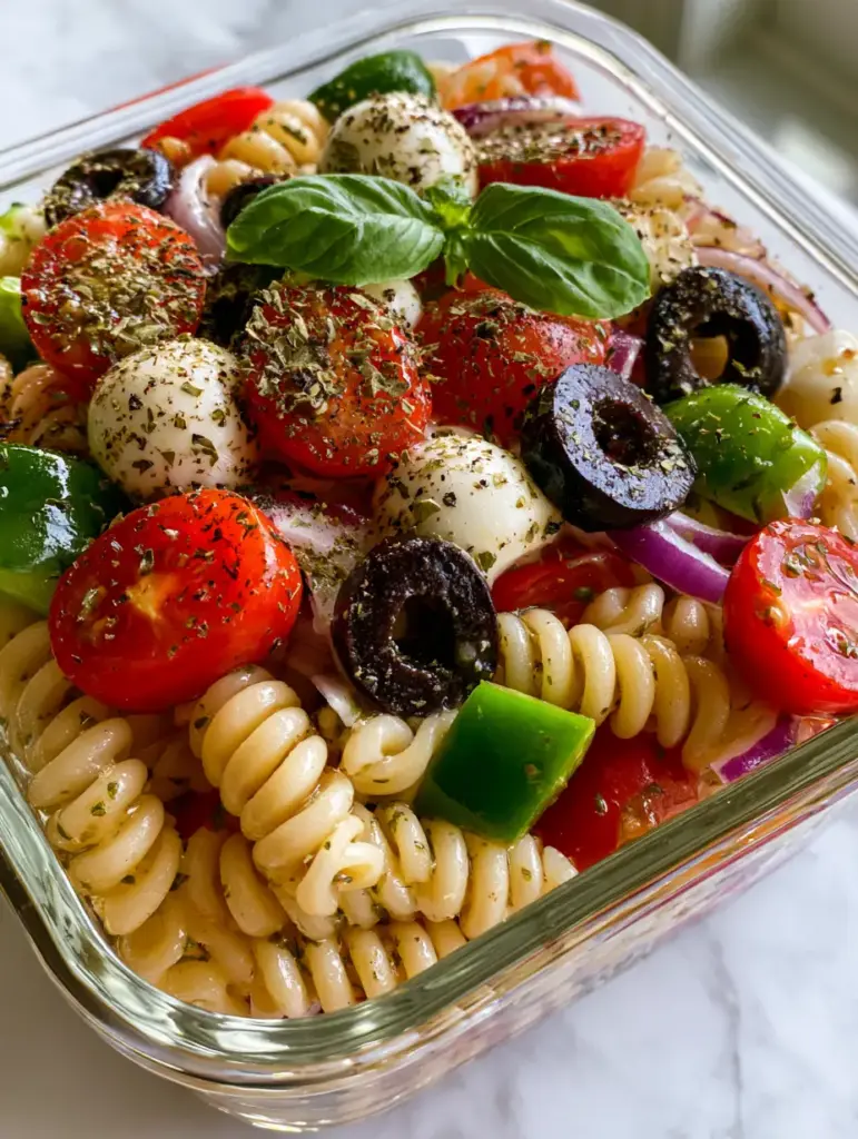 Pasta Salad: The Ultimate Vibrant Meal Prep Italian Rotini 2 High-angle smartphone photo of a glossy Italian pasta salad in a clear glass container. (pasta salad)