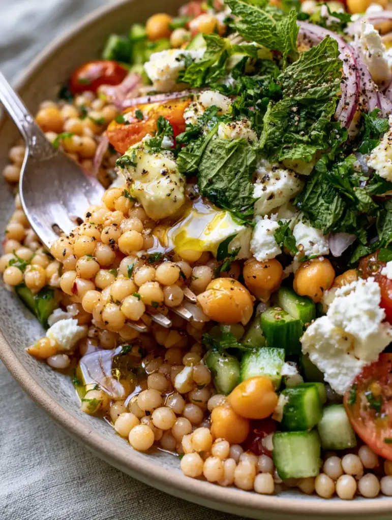 Mediterranean Couscous Salad with Pearl Grains and Zesty Lemon Vinaigrette 1 A 45-degree angle shot of mediterranean couscous salad in a matte stone bowl with a silver fork lifting a portion.