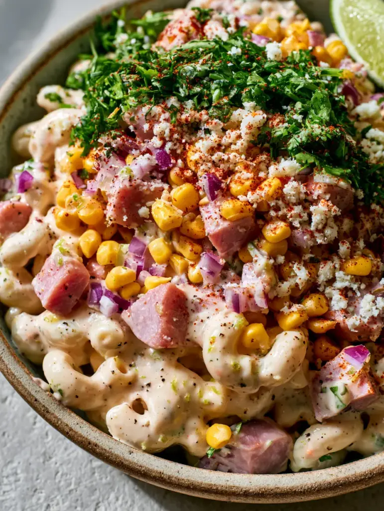 Mexican Ham Pasta Salad: The Creamiest Ensalada de Coditos Recipe 1 Detailed top view of Mexican Ham Pasta Salad garnished with cotija cheese, cilantro, and chili powder.