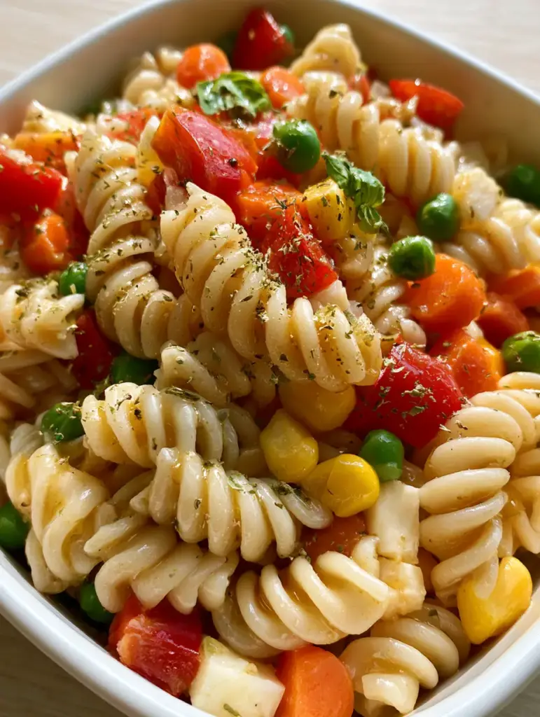 Kids pasta salad served in a clean bento box on a wooden table in morning light. (kids pasta salad)