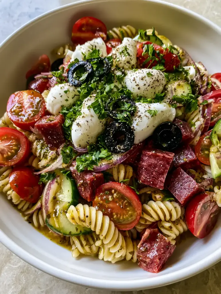 Pasta Salad Recipes: The Ultimate Zesty Italian Rotini Bowl 1 Slightly angled handheld photo of Italian pasta salad with mozzarella pearls and salami cubes.