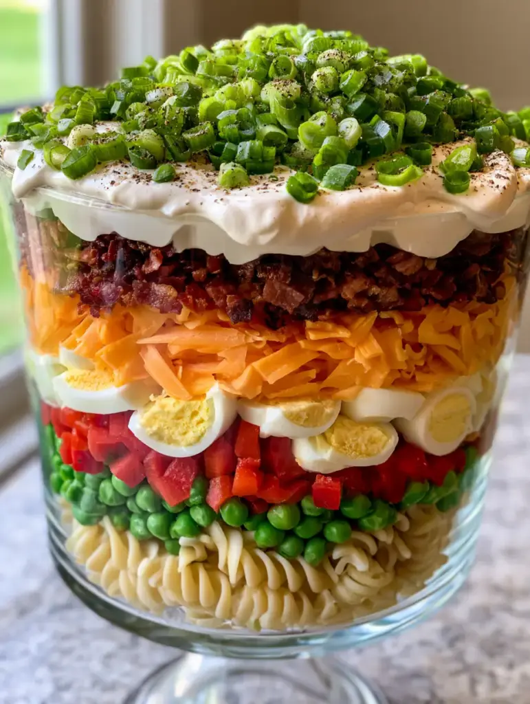 Layered Pasta Salad: The Ultimate 7-Layer Trifle Bowl Showstopper 1 High-resolution side view of a 7-layer pasta salad on a neutral stone countertop with natural lighting.
