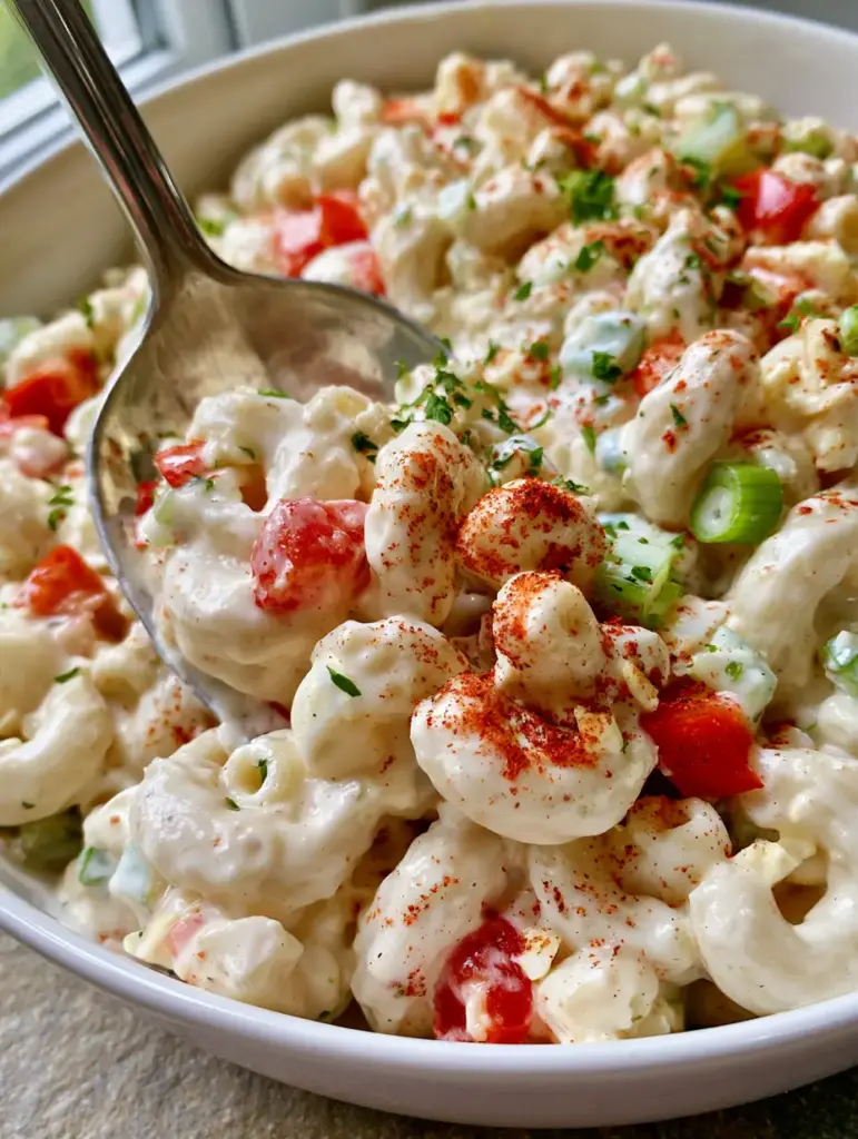 Macaroni Pasta Salad: The Ultimate Ultra-Creamy Classic Recipe 1 A large silver spoon scooping through rich, glossy macaroni pasta salad in a white bowl. (macaroni pasta salad)