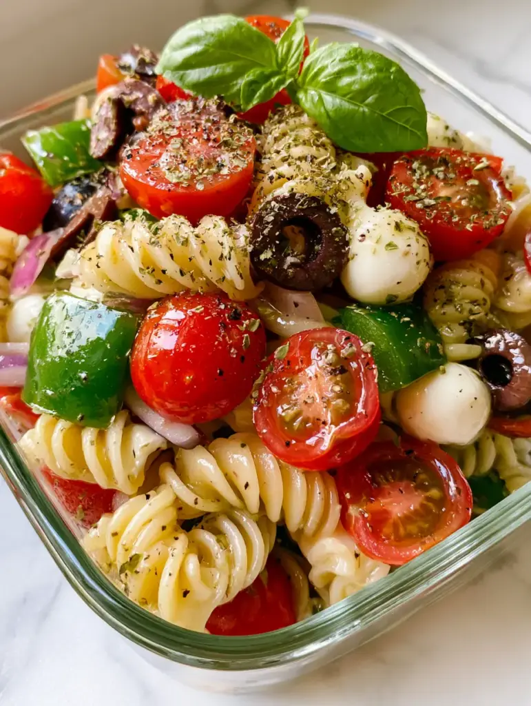Pasta Salad: The Ultimate Vibrant Meal Prep Italian Rotini 1 Close-up of al dente rotini pasta, red cherry tomatoes, and mozzarella pearls with oregano flakes. (pasta salad)
