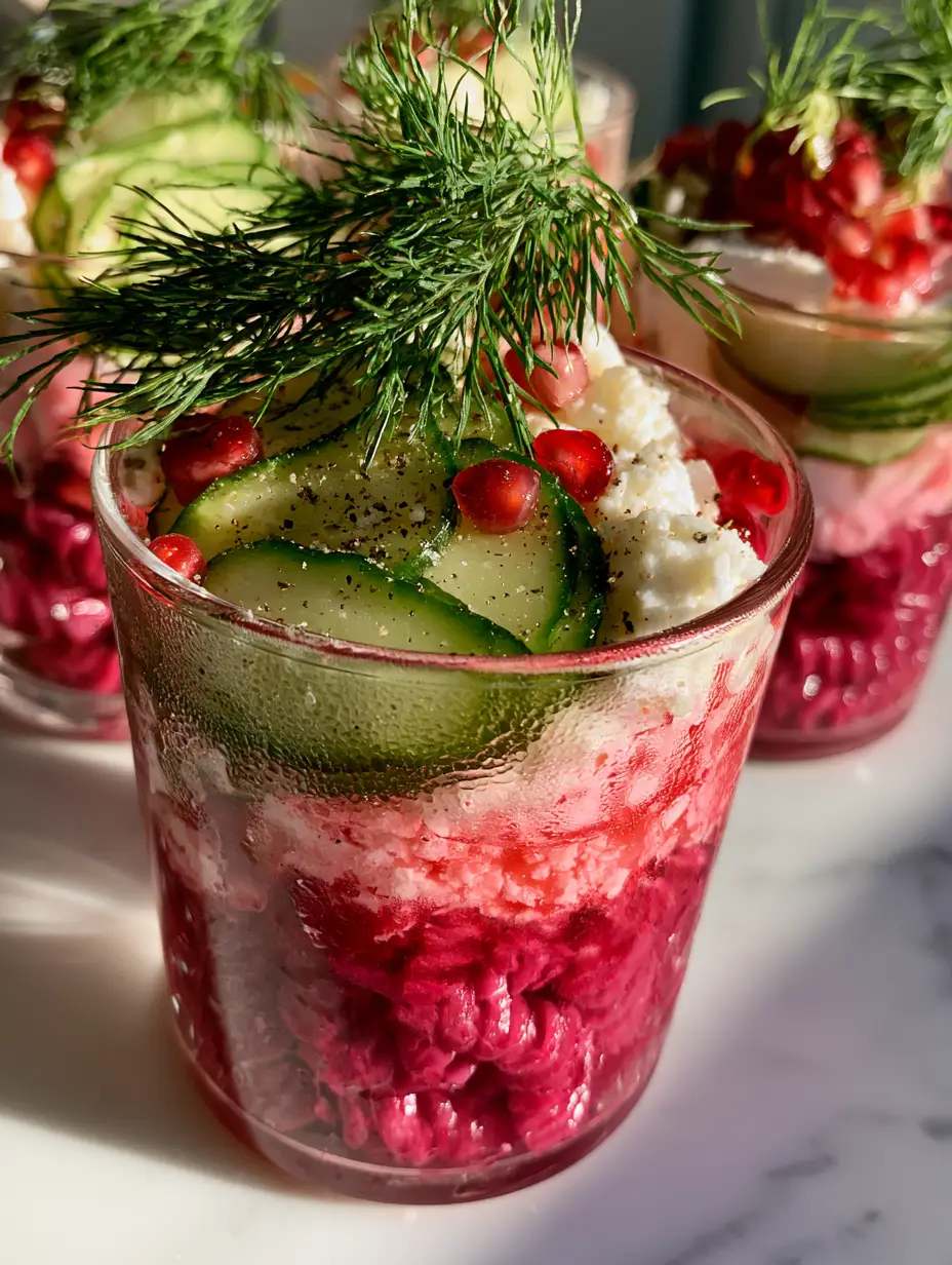 Pink Pasta Salad Cups: The Ultimate Vibrant Beet-Dyed Party Appetizer 3 Close-up of pink pasta salad cups showing the distinct layers of magenta rotini, feta, and cucumbers with dill garnish.