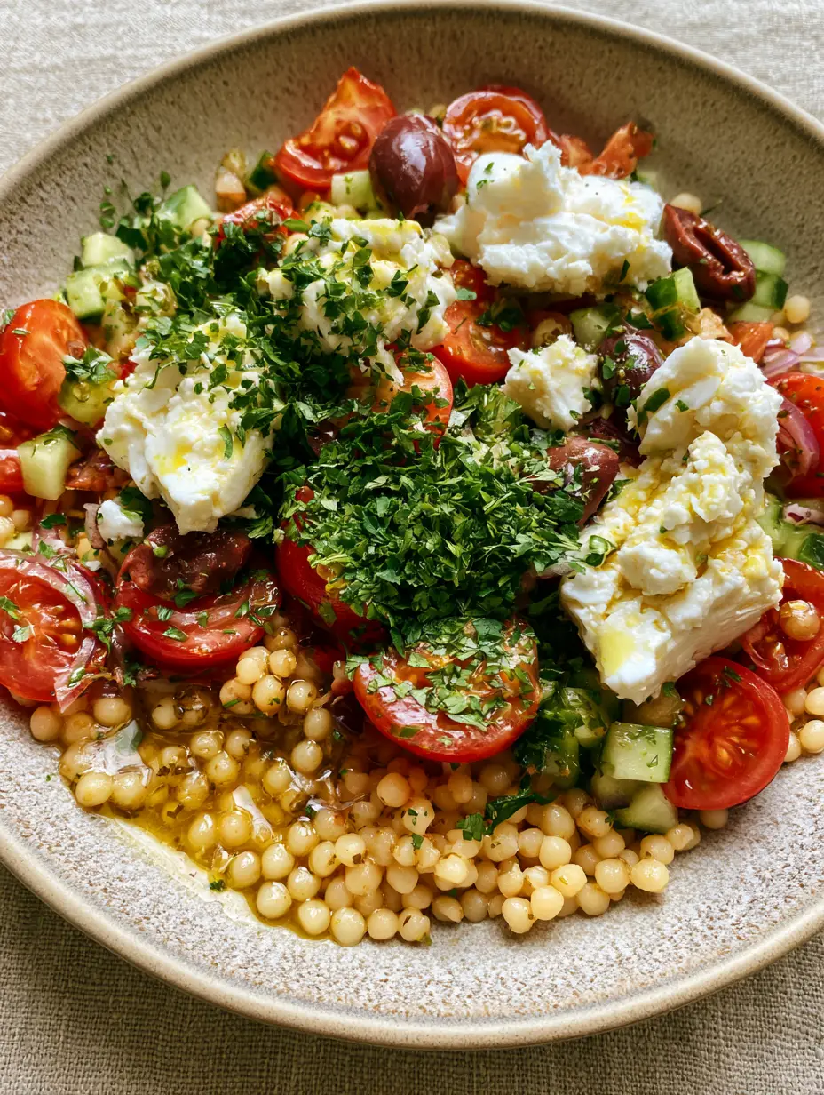 Overhead shot of Mediterranean Pearl Couscous Salad with glossy lemon vinaigrette and fresh herbs.