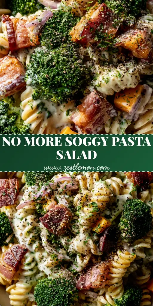 Broccoli Cheddar Pasta Salad with Crispy Bacon and Creamy Dressing 4 A gourmet Broccoli Cheddar Pasta Salad with crispy bacon chunks, yellow cheddar cubes, and velvety white dressing in a white bowl. (Broccoli Cheddar Pasta Salad)