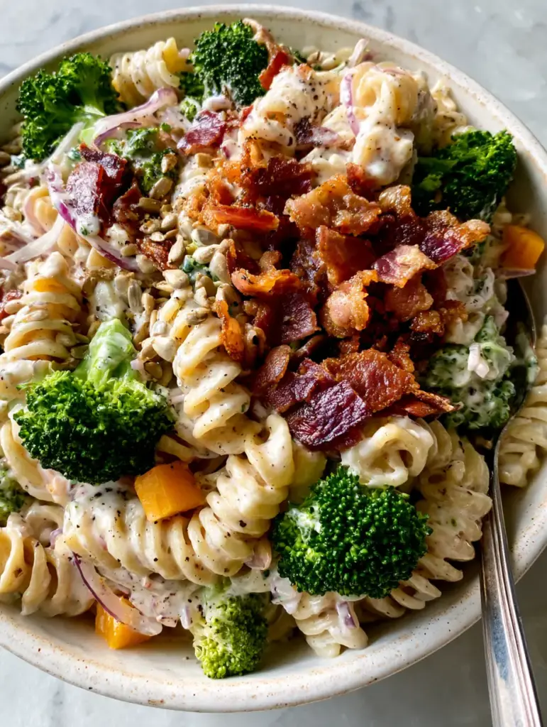 Bacon Broccoli Pasta Salad with Extra Crispy Bits and Creamy Dressing 2 Overhead 45-degree angle shot of bacon broccoli pasta salad in a rustic white bowl on a marble countertop.