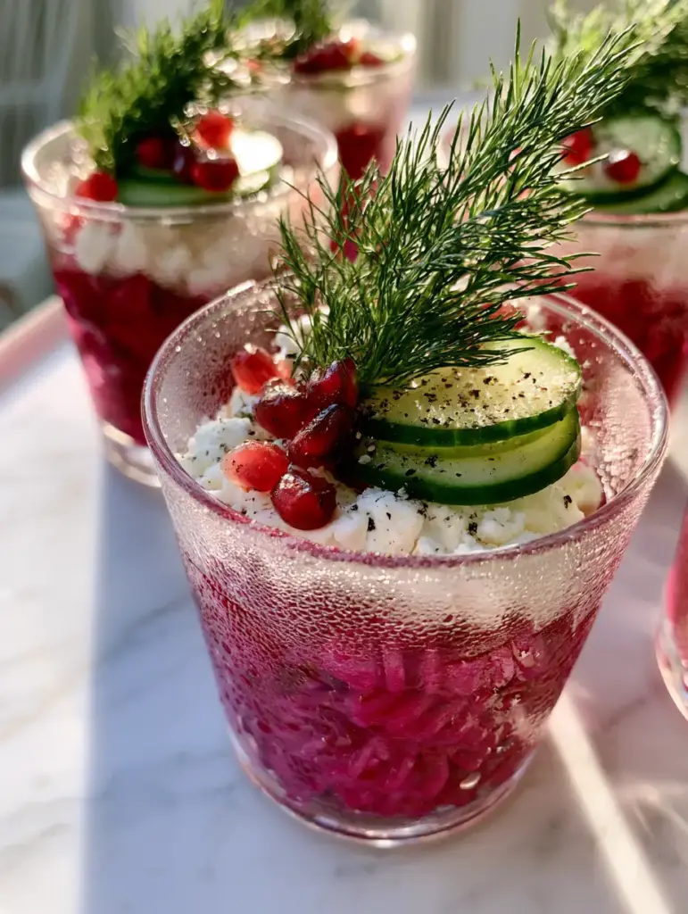 Pink Pasta Salad Cups: The Ultimate Vibrant Beet-Dyed Party Appetizer 1 High angle view of multiple pink pasta salad cups arranged on white marble in morning light.