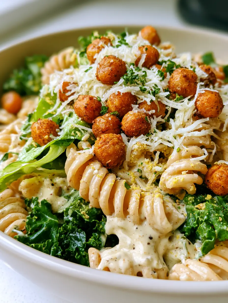 Vegan Caesar Pasta Salad with Roasted Chickpeas and Creamy Dressing 3 Close-up of glossy cream-colored dressing on fusilli pasta with emerald kale and golden chickpeas. (vegan caesar pasta salad)