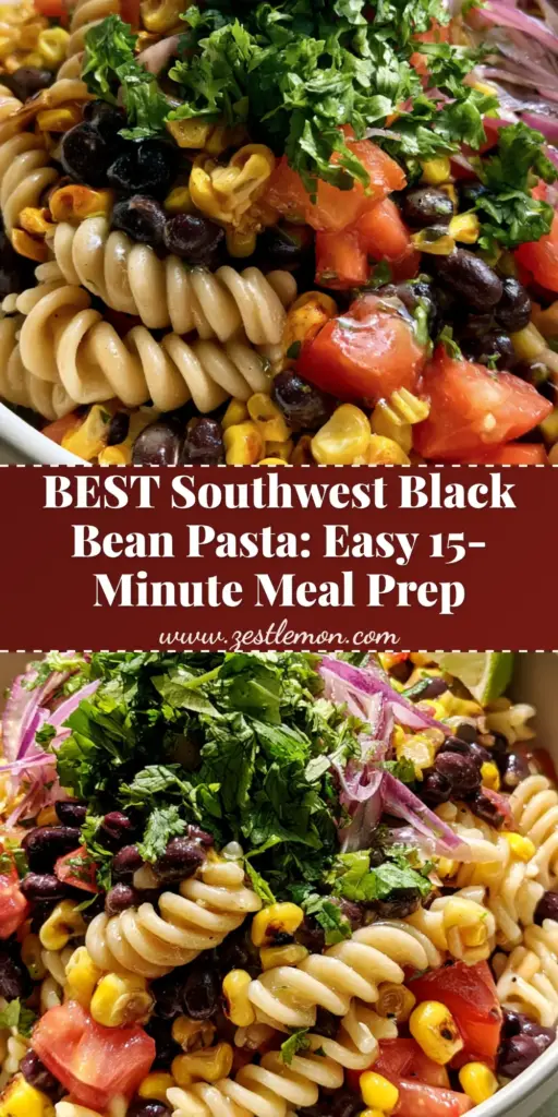 A vibrant Southwest black bean pasta salad with rotini, charred corn, and lime in a white bowl.