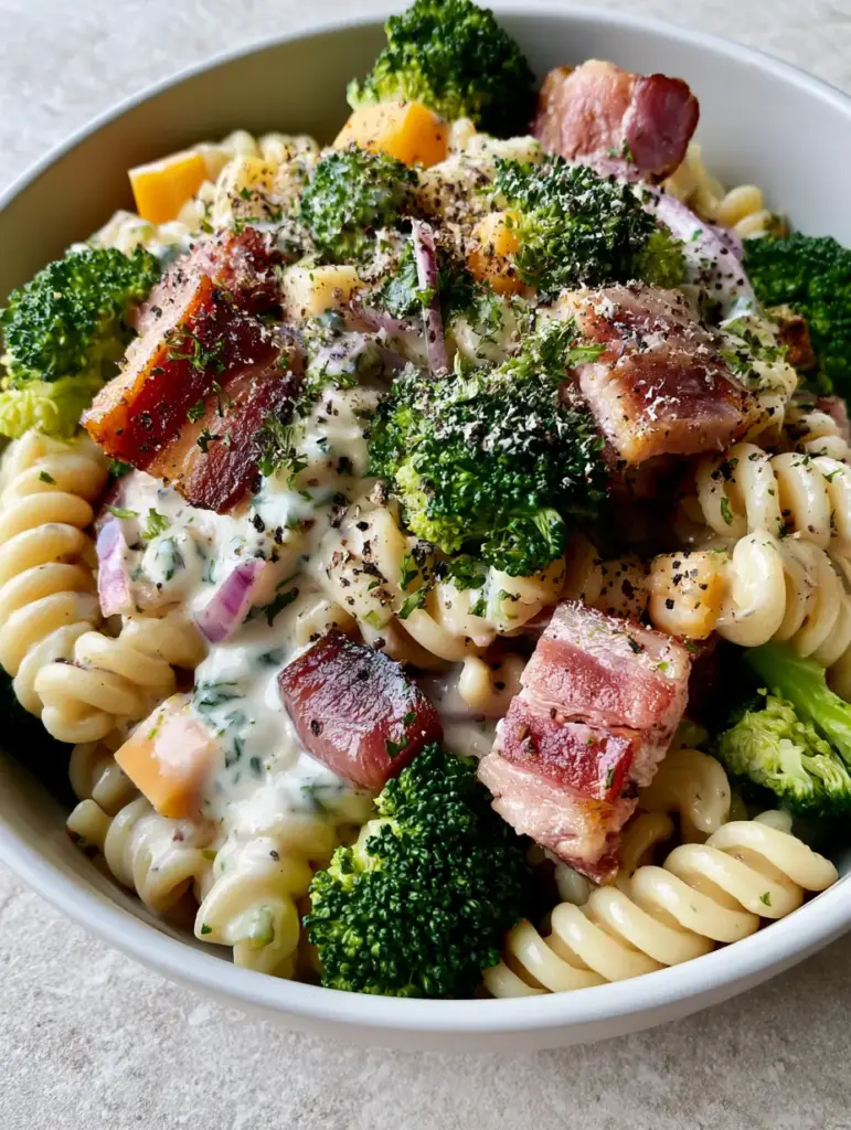 Broccoli Cheddar Pasta Salad with Crispy Bacon and Creamy Dressing 2 Macro shot of forest-green broccoli florets and ridged fusilli pasta in a creamy white dressing. (Broccoli Cheddar Pasta Salad)