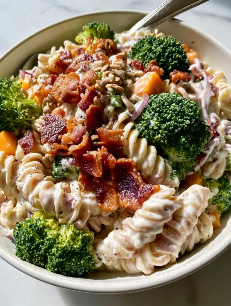 Bacon Broccoli Pasta Salad with Extra Crispy Bits and Creamy Dressing 1 Close up shot of creamy rotini pasta with visible cracked black pepper and crispy bacon bits. (bacon broccoli pasta salad)