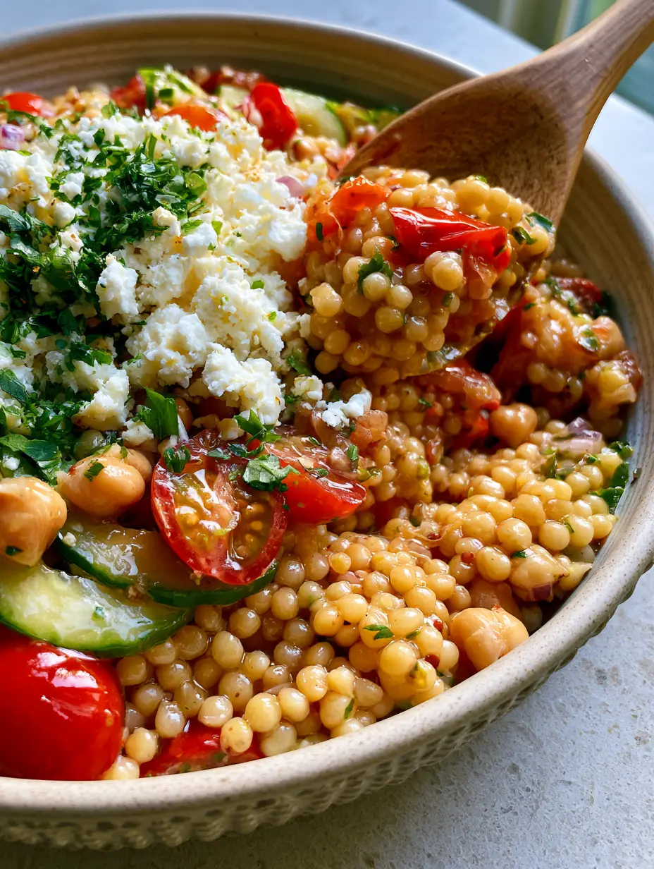 Close-up of glistening al-dente pearl couscous salad being lifted with a wooden spoon. (couscous salad)