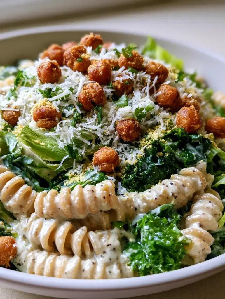 Vegan Caesar Pasta Salad with Roasted Chickpeas and Creamy Dressing 1 A snowfall of vegan parmesan and nutritional yeast over a fresh pasta salad. (vegan caesar pasta salad)
