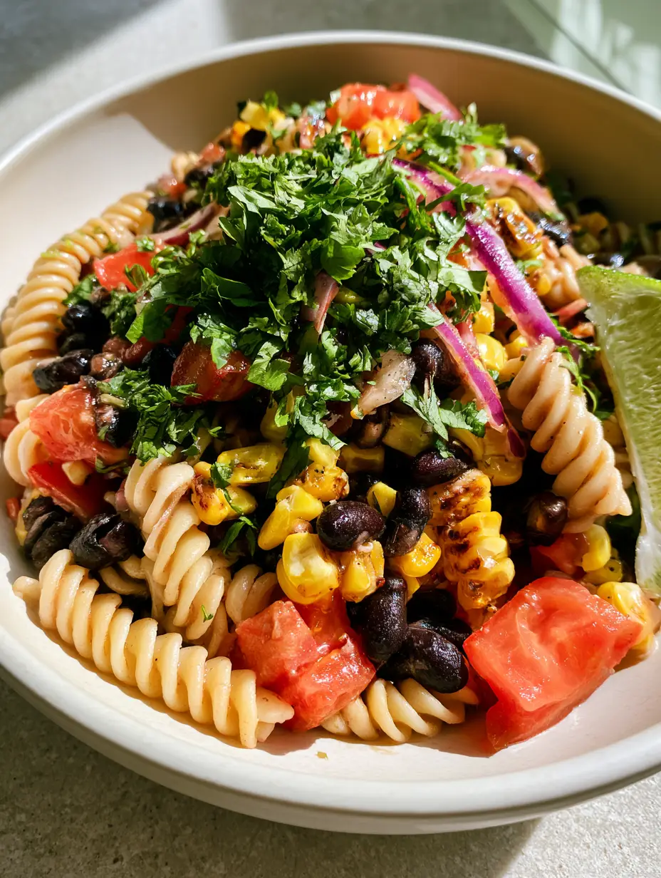 Smartphone photo of black bean pasta salad showing al dente rotini and fire-charred corn kernels.