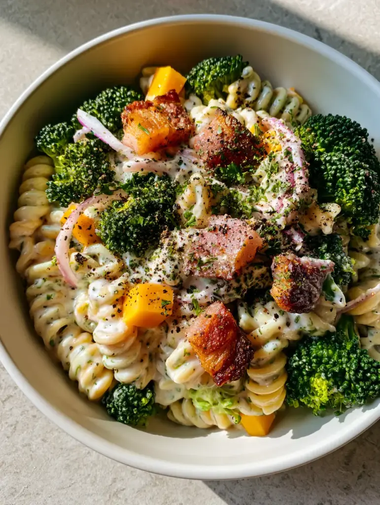 Broccoli Cheddar Pasta Salad with Crispy Bacon and Creamy Dressing 1 Top-down view of Broccoli Cheddar Pasta Salad showing pan-seared bacon chunks and red onion slivers. (Broccoli Cheddar Pasta Salad)