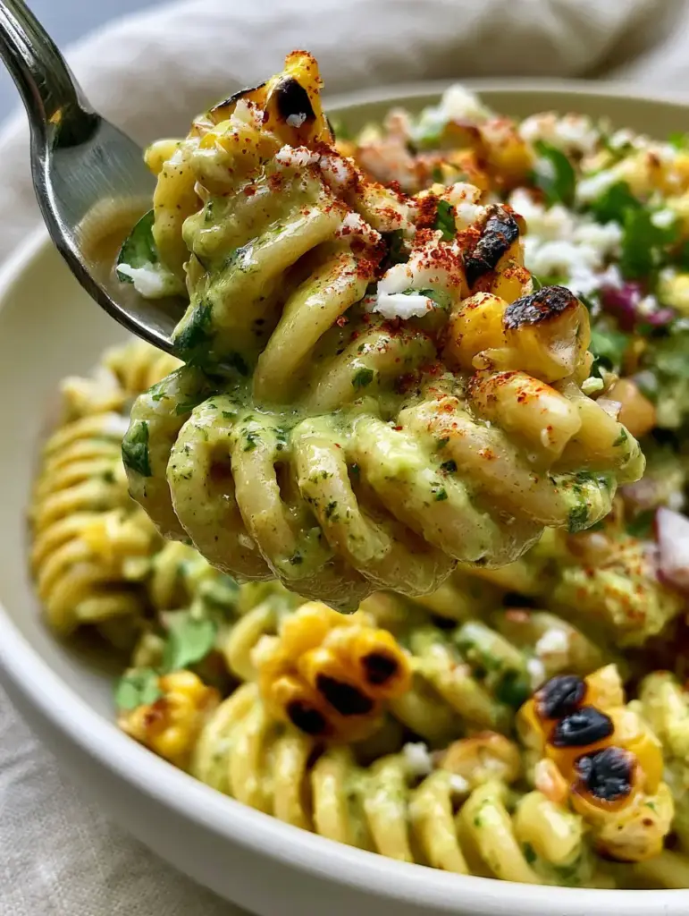 Cilantro Lime Pasta Salad with Charred Corn and Creamy Cotija Dressing 2 Extreme close-up of a fork lifting al dente rotini coated in glossy Cilantro Lime Pasta Salad dressing.