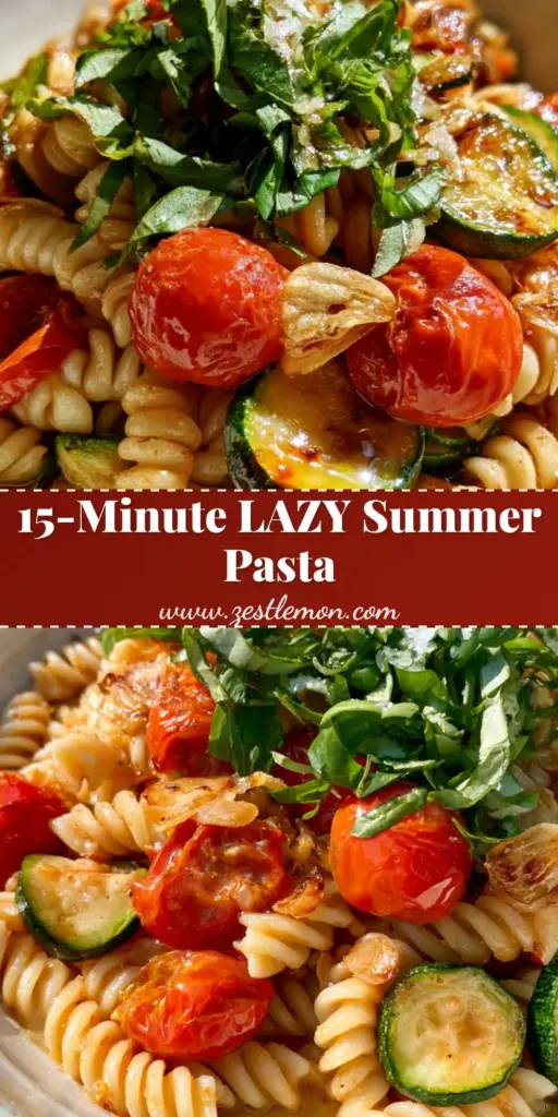 Summer Garden Pasta with Blistered Tomatoes and Zucchini 4 A shallow rustic bowl filled with Summer Garden Pasta featuring fusilli, blistered tomatoes, zucchini, and fresh basil in a golden olive oil sauce.