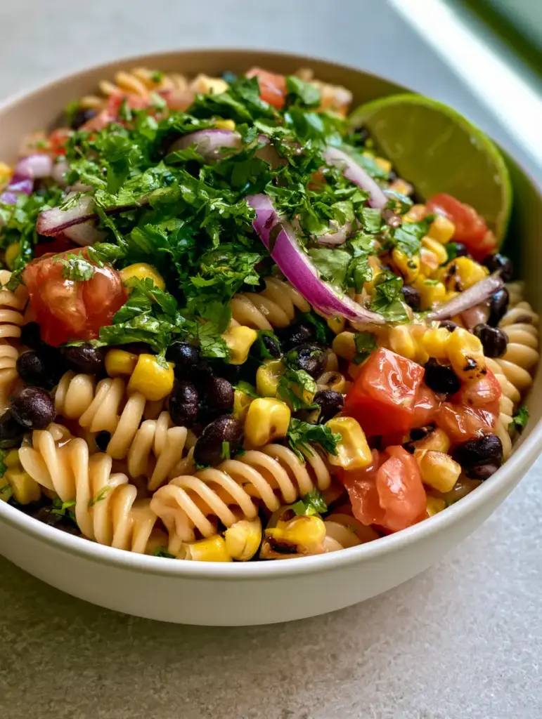 A top-down view of the black bean pasta salad glistening with lime vinaigrette and fresh cilantro.