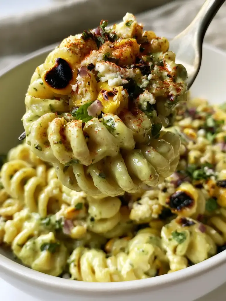 Cilantro Lime Pasta Salad with Charred Corn and Creamy Cotija Dressing 1 Close-up of charred corn kernels and cotija cheese nestled in Cilantro Lime Pasta Salad spirals.