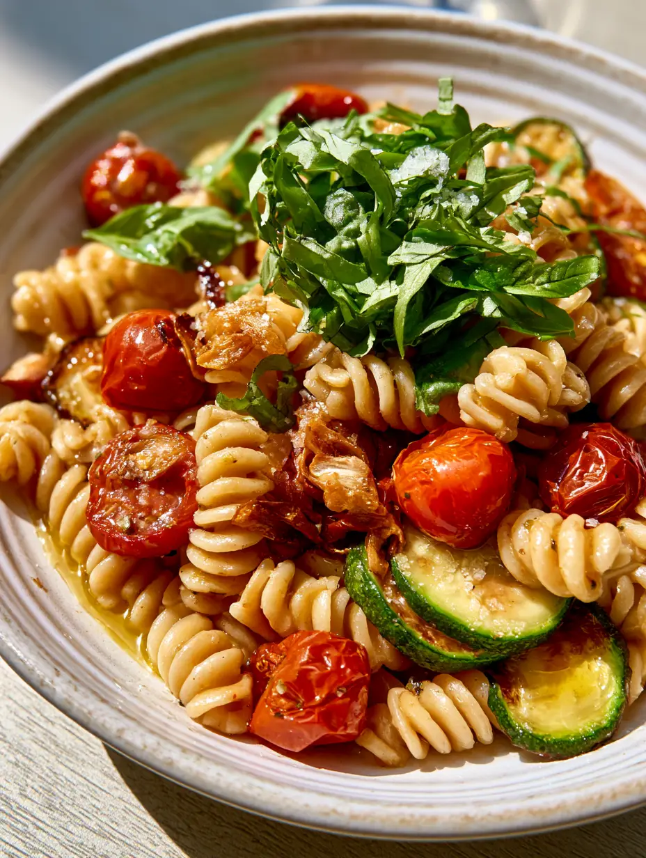 Summer Garden Pasta with Blistered Tomatoes and Zucchini 3 Close-up of Summer Garden Pasta showing shimmering olive oil emulsion and burst cherry tomatoes. (Summer Garden Pasta)