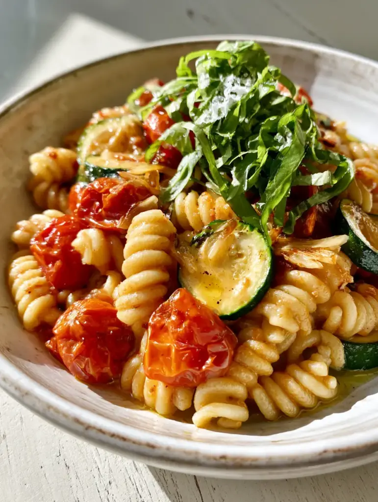 Summer Garden Pasta with Blistered Tomatoes and Zucchini 1 Overhead view of fusilli pasta with browned zucchini half-moons and fresh basil chiffonade ribbons. (Summer Garden Pasta)