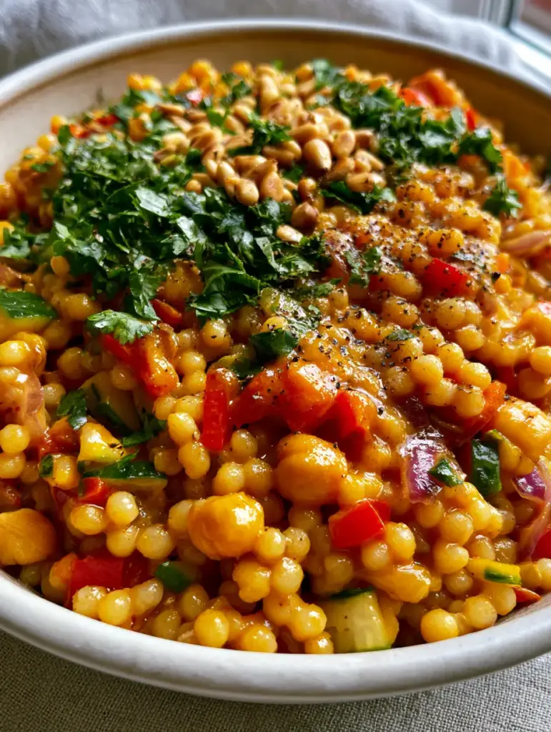 Curried Couscous Salad with Golden Moroccan Dressing 1 Top view of curried couscous salad with toasted pine nuts and red bell peppers.