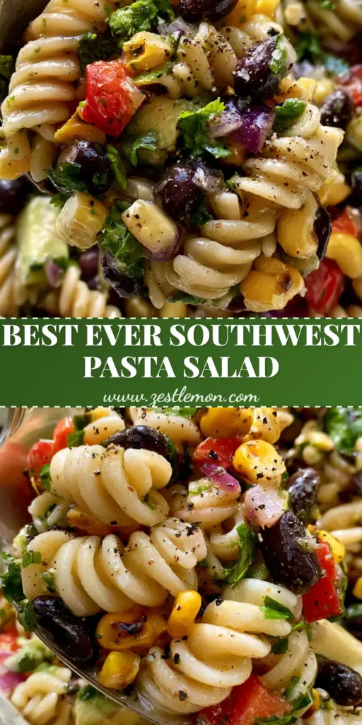 A top-down view of a vibrant black bean and corn pasta salad with charred corn, red peppers, and rotini in a white bowl.