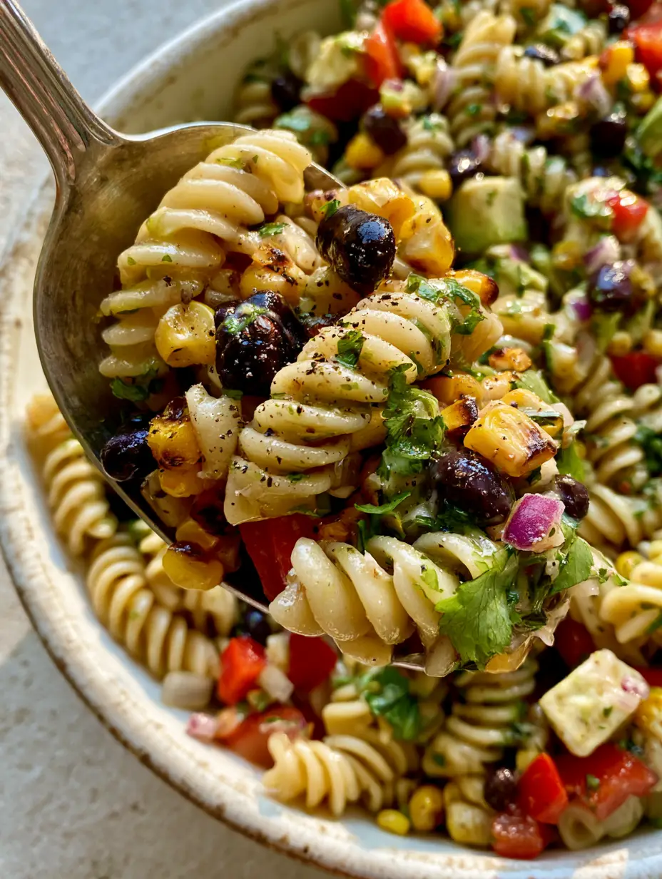 Extreme close-up of a silver spoon lifting black bean and corn pasta salad with glistening cilantro-lime vinaigrette.