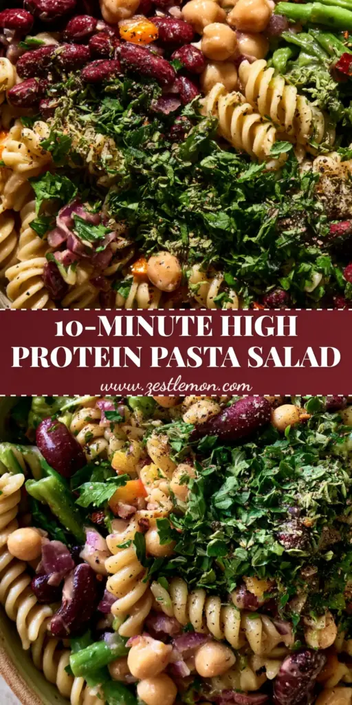 3 Bean Pasta Salad with Zesty Italian Dressing and Crisp Veggies 4 A close-up of 3 bean pasta salad in a matte bowl showing rotini, red kidney beans, chickpeas, and green beans. (3 bean pasta salad)