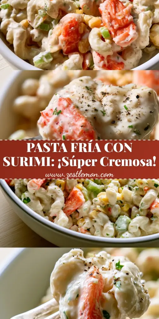Pasta fría con surimi: The Ultimate Ultra-Creamy Mexican Macaroni Salad 4 A vertical split-screen showing a bowl of pasta fría con surimi and a close-up fork lift of the creamy macaroni.