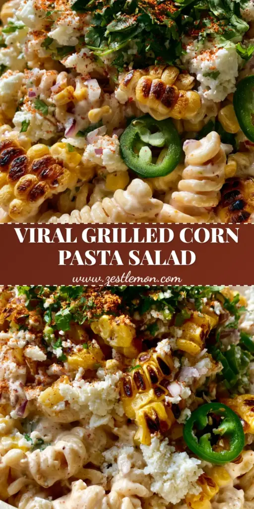 A handheld smartphone photo of vibrant Grilled Corn Elote Pasta Salad featuring al dente fusilli and charred corn in a cream bowl.