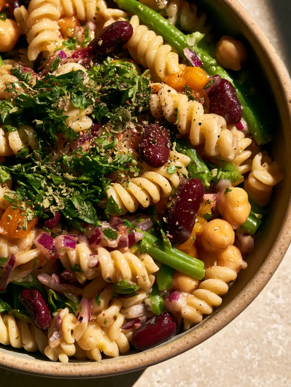 3 Bean Pasta Salad with Zesty Italian Dressing and Crisp Veggies 3 Top-down macro shot of a vibrant 3 bean pasta salad with herb-flecked dressing and colorful vegetables. (3 bean pasta salad)