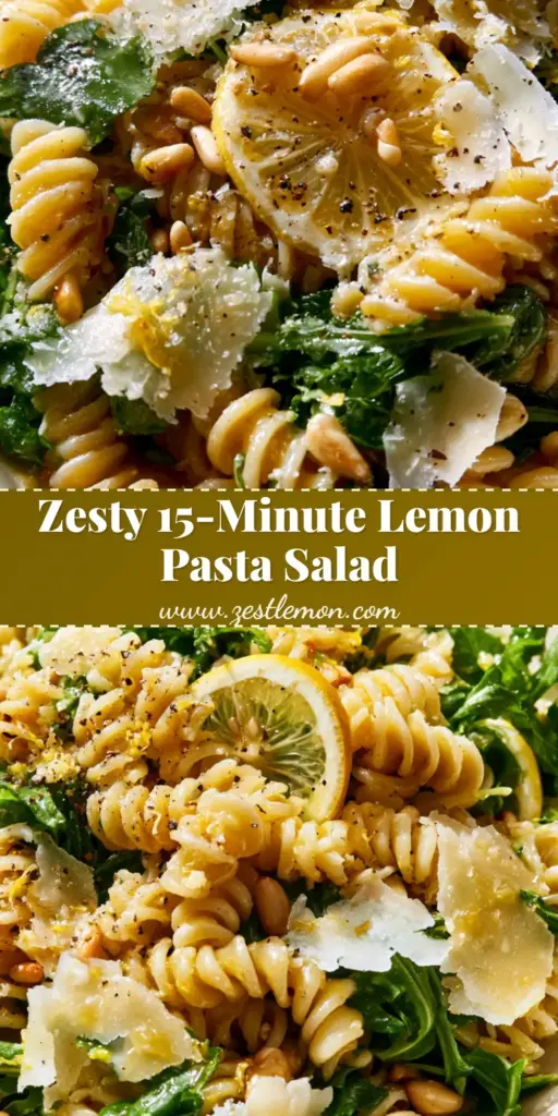 Lemon Parmesan Pasta Salad with Toasted Pine Nuts and Arugula 4 A vibrant bowl of Lemon Parmesan Pasta Salad featuring rotini, baby arugula, and shaved parmesan shavings on a linen background.