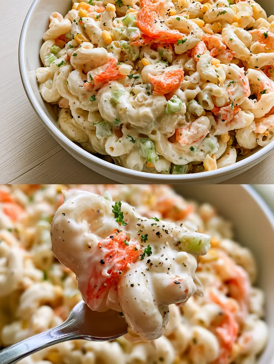 Pasta fría con surimi: The Ultimate Ultra-Creamy Mexican Macaroni Salad 3 Overhead view of a white ceramic bowl filled with pasta fría con surimi, featuring orange surimi slices and sweet corn.
