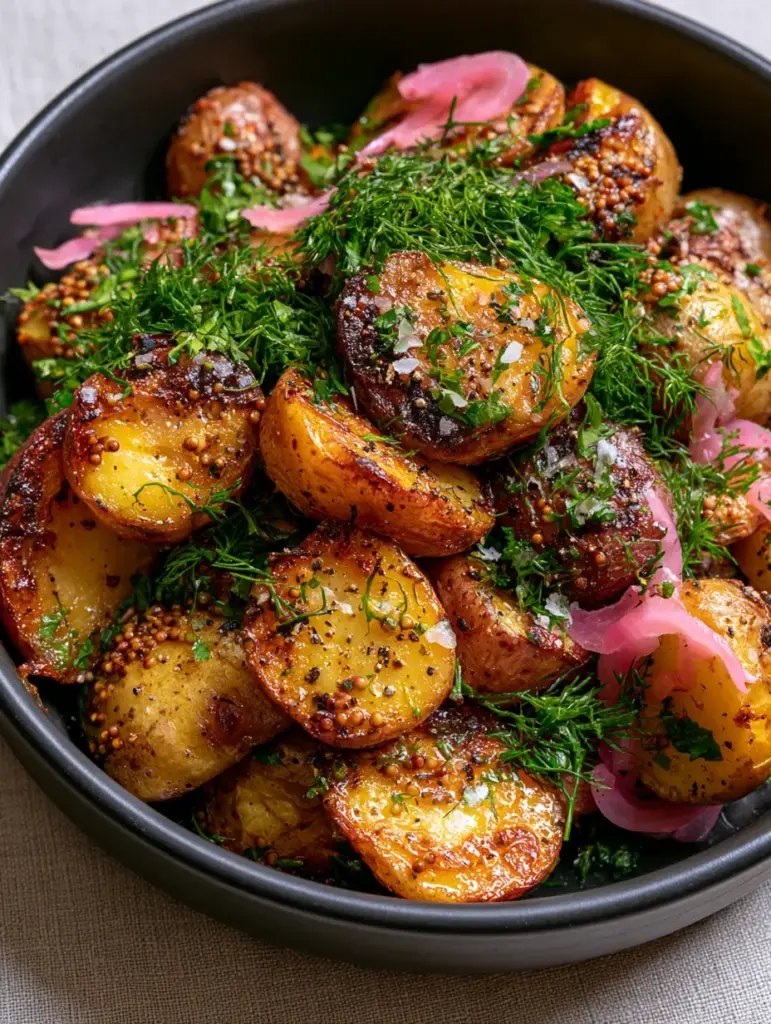 A forest of fresh green dill and parsley over crispy golden roasted potatoes in a black bowl.